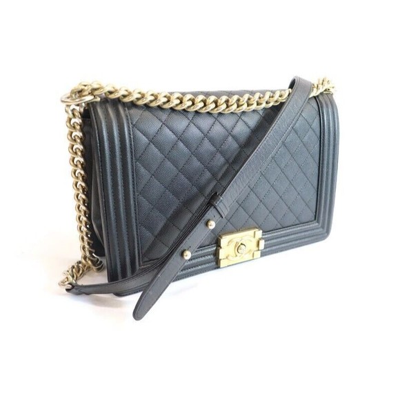 CHANEL - Quilted Black Caviar Leather BOY FLAP Shoulder Bag w/Authenticity Card - Picture 1 of 16